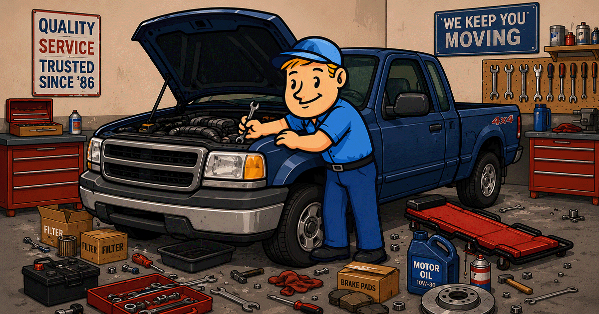 Mechanic working on a truck — we're under the hood making things better